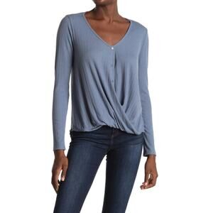 White Willow Womens Long Sleeve Textured Button Front Top Faux Wrap Caspian Blue